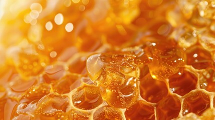 Aufkleber - Close up of honeycombs filled with golden honey on a wax background