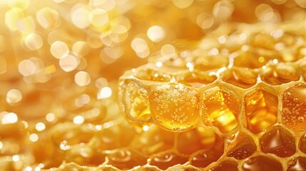 Aufkleber - Close up of honeycombs filled with golden honey on a wax background