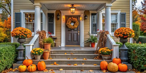 Wall Mural - Front porch of a suburban house decorated for Halloween, Halloween, decorations, spooky, pumpkin, cobwebs, trick or treat, autumn