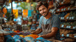 © Old Man Stocker - Smiling Vendor at Colorful Market Stall. Smiling vendor stands at a colorful market stall, displaying vibrant fabrics and textiles, creating a lively atmosphere.