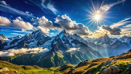 Wall Mural - Panoramic view of majestic mountains under a bright blue sky with sun and clouds, mountains, panorama, blue sky, sun