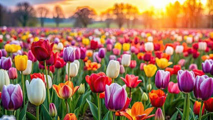 Sticker - Vibrant field of tulips in full bloom , tulips, field, colorful, flowers, spring, nature, bloom, vibrant, garden, beauty, petals