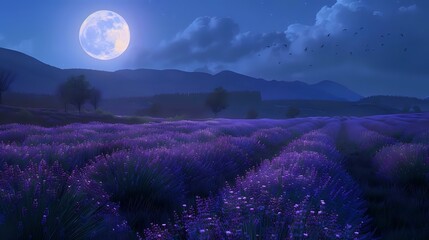 Wall Mural - full moon glowing over a peaceful countryside, illuminating a field of blooming lavender
