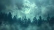 © afrah - Silver moon shining through dense forest trees, creating mystical shadows on a foggy night