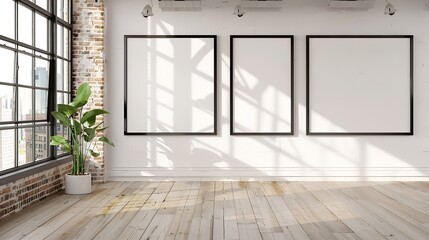 Aufkleber - Blank picture frame on the white wall in a loft interior with windows mock up 3d render : Generative AI