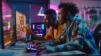 Aufkleber - Portrait of Black Creative Director Giving Instructions on 3D Game Visuals to Male Developer in Creative Agency Two Stylish Diverse Employees Discussing Design on Computer in Game Deve : Generative AI