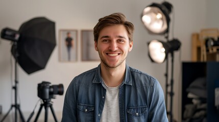 Wall Mural - Male photographer in casual shirt with professional cameras and lights in photo studio background, creatively smiling