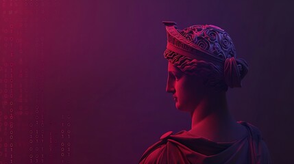 Aufkleber - Coding computational process Image of red ancient greek statue with binary code on dark purple background Concept of IT technologies programming transmission of information : Generative AI