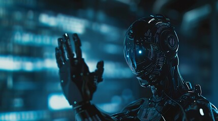 Aufkleber - Self aware AGI AI gaining humanoid form inside cyberspace waving hand saluting man Artificial intelligence becoming sentient greeting IT admin human machine interaction concept camera  : Generative AI