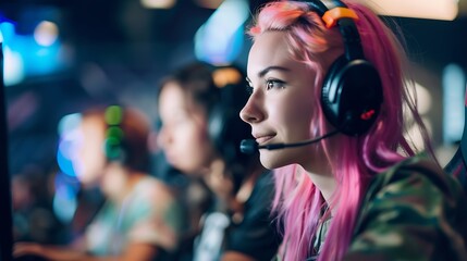 Poster - Female gamer team of three playing online video games and streaming during tournament in an esports arena or gaming convention in a gameroom Focus on a woman with pink hair and headpho : Generative AI
