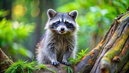 Sticker - Playful raccoon playing in the forest, raccoon, animal, wildlife, cute, furry, mammal, nature, woodland, outdoor, adorable