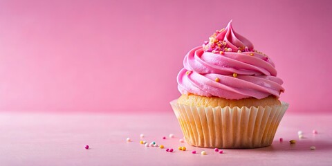 Poster - Cupcake with pink frosting and sprinkles on pink background, cupcake, pink, frosting, sprinkles, sweet, dessert