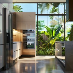 Kitchen interior in beautiful new luxury home in bright modern minimal style