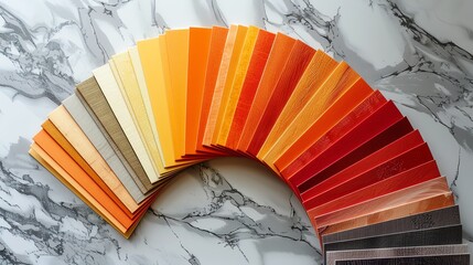 Fan of orange color swatches on a white marble background