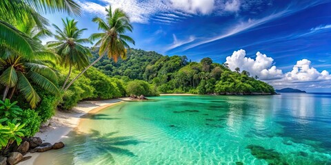 Sticker - Tropical paradise beach with lush greenery overlooking crystal clear waters , Costa Rica, island, view, vacation, travel