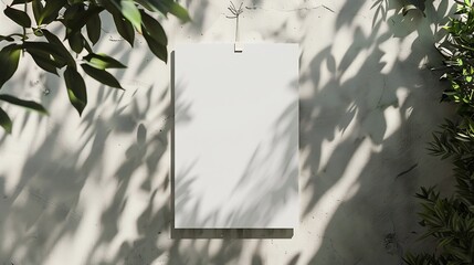 Aufkleber - White canvas hanging on wall with shadows of leaves Poster mockup blank cotton canvas : Generative AI
