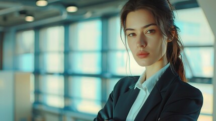 Wall Mural - Young and beautiful businesswoman looking at the camera in a suit and crossed arms inside the office