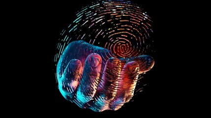 Poster - Double exposure of abstract creative fingerprint hologram and hand with cell phone on background research and development concept : Generative AI