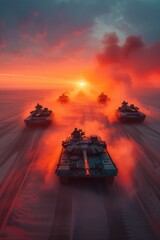 Wall Mural - Desert Battle Scene: Tanks engaged in combat in a vast desert landscape, kicking up clouds of sand and dust as they fire and maneuver.