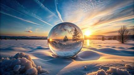 Poster - Frozen landscape with large glowing orb in sky, frozen, landscape, winter, snow, cold, icy, scenery, orb, glowing, sky