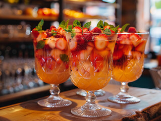 Poster - Three Glasses of Strawberry and Mint Fruit Punch on a Wooden Countertop