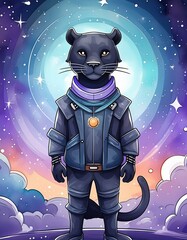 Wall Mural - cartoon black panther in the night on the moon