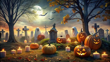 Wall Mural - Halloween scene with pumpkins and ghosts in a graveyard, Halloween, pumpkins, ghosts, spooky, graveyard, October, scary