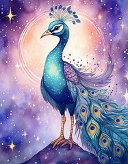 Wall Mural - cartoon peacock in the night on the moon