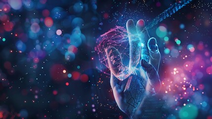 Poster - Double exposure of abstract creative fingerprint hologram and hand with cell phone on background research and development concept : Generative AI