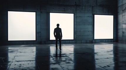 Marketing concept with businessman walking by three blank white digital screens with place for advertising or logo brand in abstract industrial dark hall with concrete floor and backgr : Generative AI