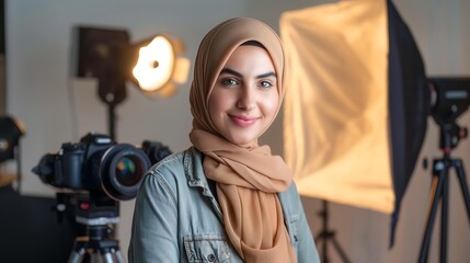 Wall Mural - Passionate female photographer in a hijab with a casual shirt, smiling at the camera in a professional photo studio, surrounded by lights and cameras, highlighting her love for photography