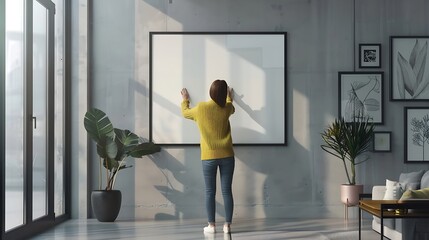 Poster - Rear view of a woman hanging a large poster frame on the wall in a modern apartment : Generative AI