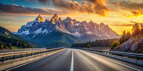 Poster - Empty highway in Italian Alps with sunlit mountain peaks in the background at sunset, Highway, Italian Alps