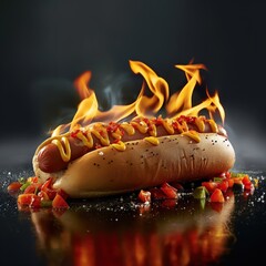 Wall Mural - A spicy hot dog burns on a black background