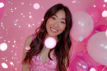 A beautiful Asian woman in a sparkling pink dress, joyfully posing amidst pink balloons and confetti, celebrating a festive occasion