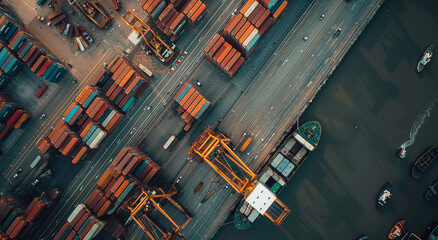 Poster - Aerial view of container ships docked at the port, cranes unloading cargo in an industrial harbor.