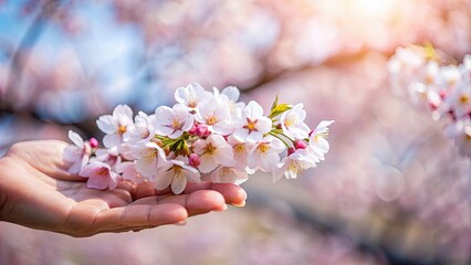 Wall Mural - Hand holding cherry blossoms, nature, spring, flowers, pink, blooming, delicate, petals, beautiful, seasonal, floral