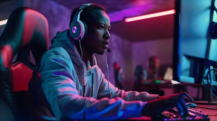 Poster - African american male cybersport gamer sitting in front of PC monitor in cyber club and playing a multiplayer video game with his diverse team Esport streaming game online Copy space : Generative AI