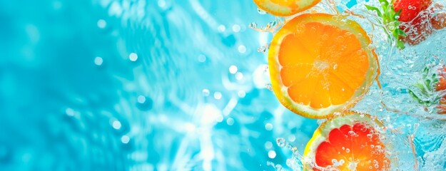 Close up of water splashing with oranges and strawberries against a light blue background copy space for text, summer concept 