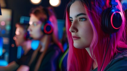 Poster - Female gamer team of three playing online video games and streaming during tournament in an esports arena or gaming convention in a gameroom Focus on a woman with pink hair and headpho : Generative AI