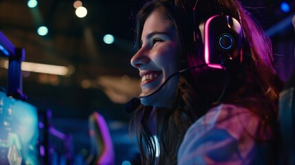 Poster - Smiling woman gamer playing PC video game and having fun with her friends Female video game player participating on a cybersport tournament in a Esports arena or on a Gaming convention : Generative AI