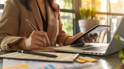 Fototapete - Business woman and hands with tablet or writing in office for web design technology and planning at desk Digital person and designer with laptop for photoshop creative and editing at w : Generative AI