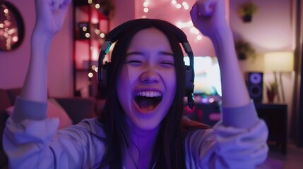 Poster - Excited and smiling Asian gamer girl in cute headset playing an online video game in her bedroom : Generative AI