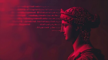 Aufkleber - Coding computational process Image of red ancient greek statue with binary code on dark purple background Concept of IT technologies programming transmission of information : Generative AI