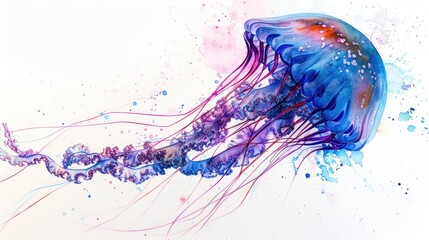 Poster - A vibrant illustration of a jellyfish surrounded by colorful watercolor splashes