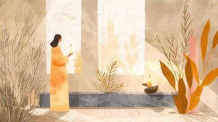 Wall Mural - Biblical Illustration of Woman Lighting Candle in Chapel Christian Prayer and Hope Beige Background and Copyspace