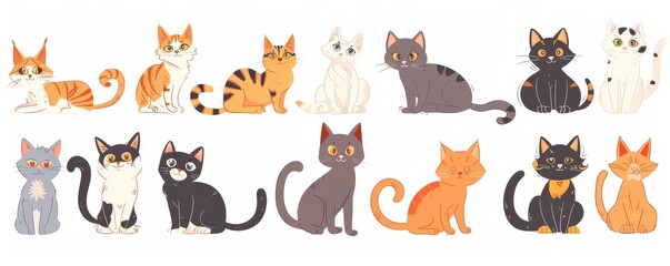  Cute doodle set of various cartoon cats in different poses. Illustration.