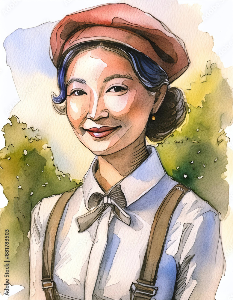 Watercolor portrait of smiling Asian woman in vintage newsboy cap ...