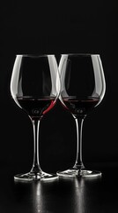 Photo of two full with red wine glasses on empty space isolated on black color background