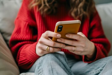 Wall Mural - A close up view of an unrecognizable Caucasian entrepreneur watching something on her smartphone while sitting on the sofa in the living room